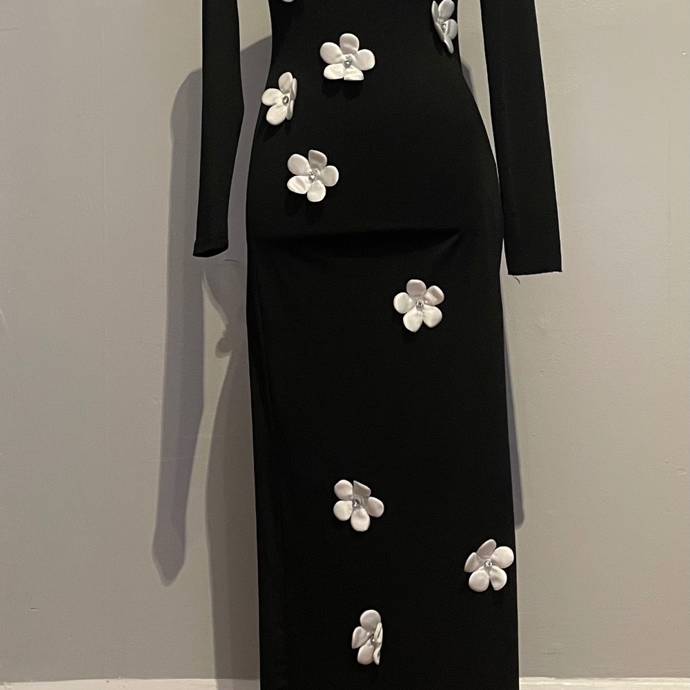 SHEIN White Floral Decor Black Stand Collar Long Sleeve Maxi Dress Size XXS - Picture 7 of 16